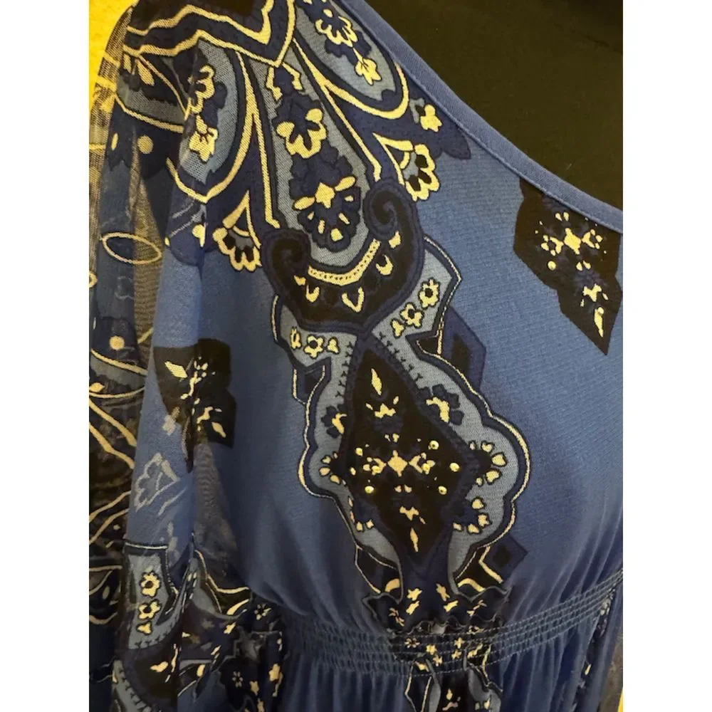 INC Blue Studded Print Batwing Sleeves Nylon Top Sz M - Picture 4 of 15